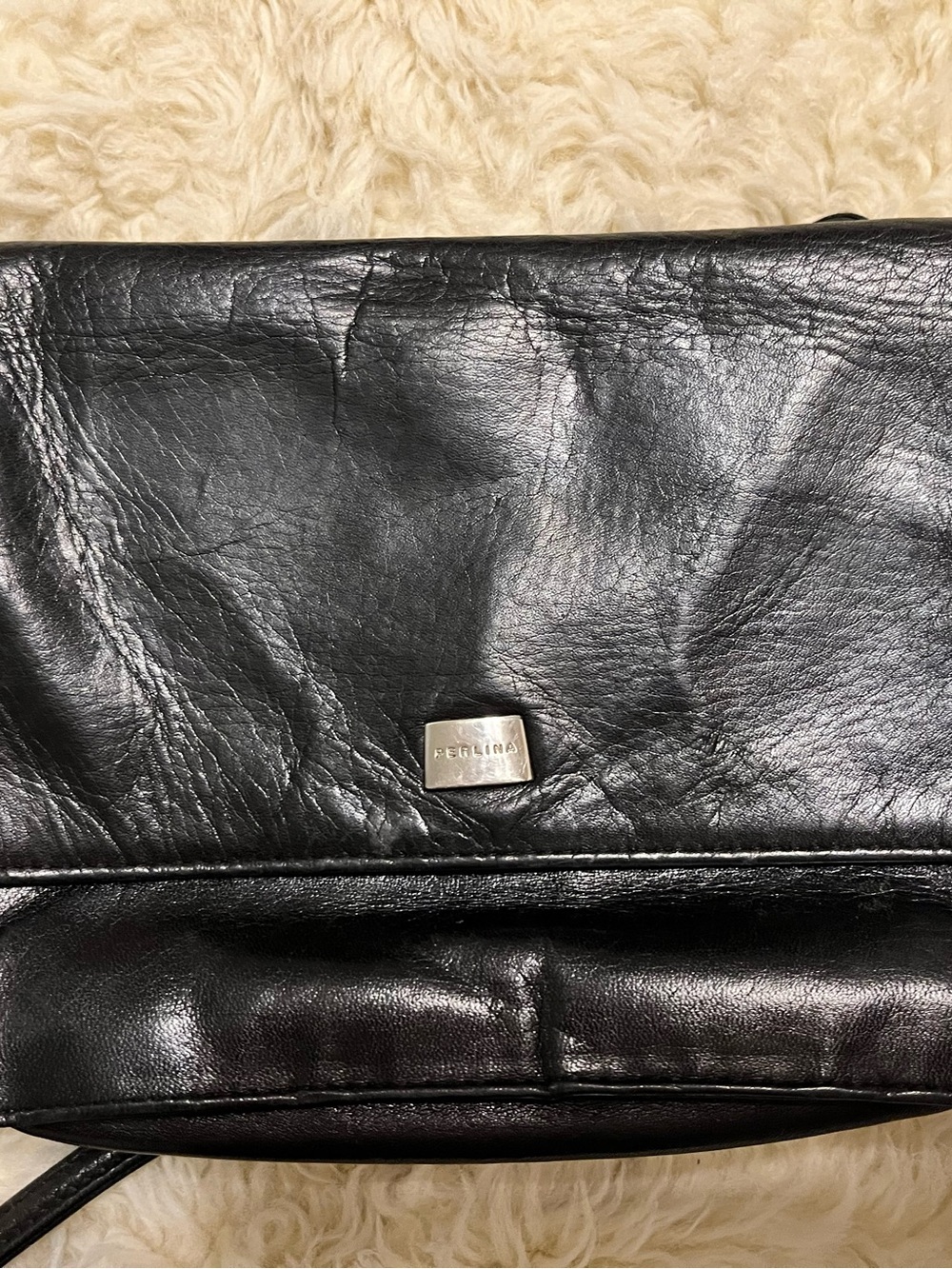 Perlina Black Leather Crossbody with Gold Plaque